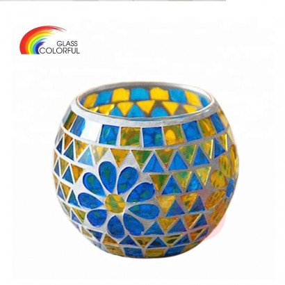 Hand made blue mosaic glass candle holder for decoration