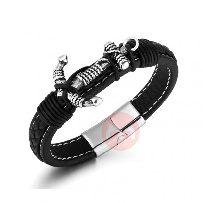ZG Factory Supply Cowhide Hand Braided Bracelet Titanium Alloy Anchor Punk Bracelet Stainless Steel Men's Jewelry