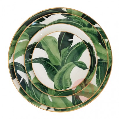 ohere Wholesale luxury ceramic Dinner Plates&Dishes Green leaves Bone China dinner set dinnreware for Wedding Hotel&Rest