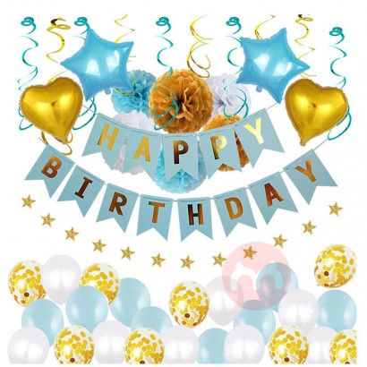 PAFU Blue And Gold Birthday Party Supplies Happy Birthday Banner Star Garland Confetti Balloons Birthday Party Decoratio