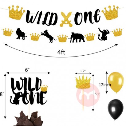 PAFU Wild One Party Supplies Glitter Wild One Banner With Arrow Cake Topper Black Gold Balloons 1st Birthday Decorations